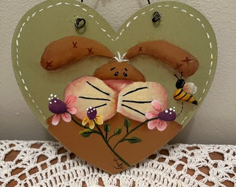 Spring Bunny Heart Ornament, Hand Painted