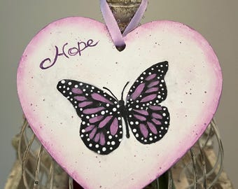Hand Painted Butterfly Wooden Heart, Hope