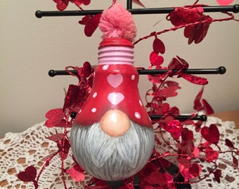 Valintine Gnome, Upcycled Light Bulb, Hand Painted, Pink Hearts