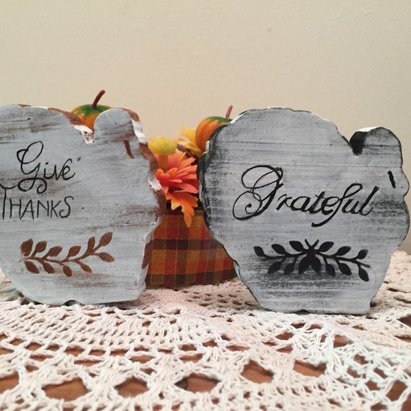 Two Farmhouse Turkeys, Shelf Sitters, Thanksgiving, Wood, Handpainted, Give Thanks and Grateful,