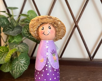Gardening Peg Doll. Hand Painted, Around 3 1/2" Tall
