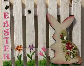 Easter Picket Fence Wall Hanging, Tier Tray or Shelf Sitter, Hand Painted