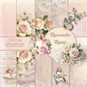 Romantische Rosen digitale Papiere - Frühling, Scrapbooking, Album, Hochzeit, Kommunion, Taufe, Geburtstag, Konfirmation
