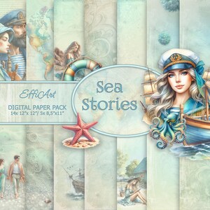 Sea Stories - papel para scrapbooking digital – Papel para scrapbooking digital con temática de vacaciones – un conjunto de papeles y gráficos, mar, viajes
