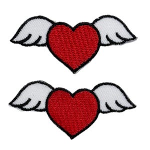 May include: Two red embroidered hearts with white wings. The hearts are outlined in black and the wings are outlined in black.