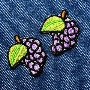 以下が含まれることがあります： 2つの刺繍ブドウパッチ。各パッチは、緑の葉と茶色の茎が付いた紫色のブドウの房を特徴とし、黒で縁取られています。パッチは青いデニムの背景に配置されています。