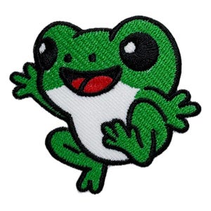 May include: Green cartoon frog with black eyes and a white belly, waving with its left arm and smiling with its mouth open.