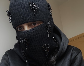 Knitted headwear street style face mask timeless couture balaclava abstract wearable ski mask trend setting beanie needlework headgear