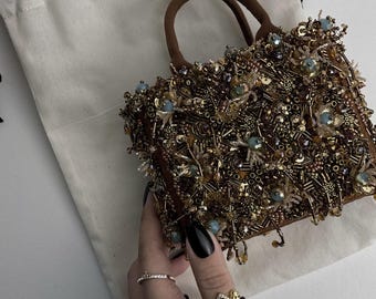Beaded luxury evening handbag, elegant evening purse, one of a kind mini bag, needlework handcrafted micro bag, fashion statement lined bag