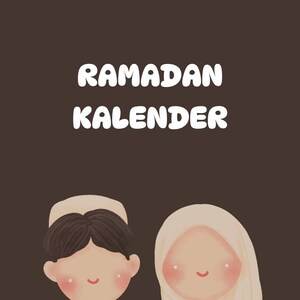 Puede incluir: Ilustración de un niño y una niña con ropa tradicional, ambos con las manos juntas en oración. El texto "RAMADAN KALENDER" está por encima de ellos sobre un fondo marrón.