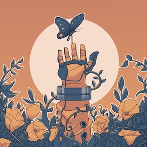 Stampa artistica di papaveri all'alba / Illustrazione naturalistica di fantascienza / Astronauta e farfalla / Decorazione murale floreale surreale