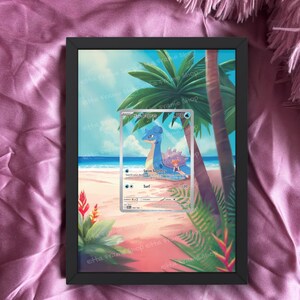 May include: Black framed print featuring a beach scene with palm trees and a Pokemon card. The card depicts a blue Lapras character. Text at the bottom reads "card is not included".
