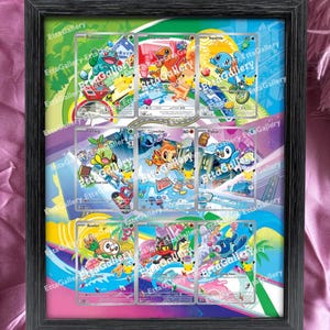 Può includere: Una cornice rettangolare nera contenente nove carte collezionabili disposte in una griglia tre per tre. Ogni carta presenta un'illustrazione colorata di un personaggio diverso su uno sfondo grafico vivace e multicolore.