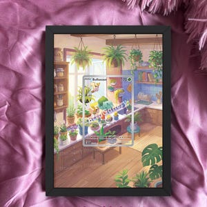 May include: A framed print showing a kitchen scene with numerous potted plants and hanging baskets. A Pokemon card is visible in the frame. The card displays the text "Bulbasaur" and the number "70". The words "card is not included" are at the bottom.