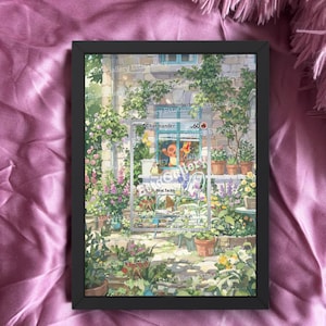 Op de afbeelding: Zwart omlijst kunstwerk met een kleurrijke illustratie van een tuinscène met een raam. Het kunstwerk bevat een Pokémon-kaart met de naam "Charmander". De tekst "card is not included" staat onderaan.