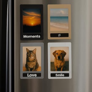 May include: Four rectangular magnets with images and text. One shows a sunset with "Moments". Another shows a beach scene. A third shows a cat with "Love". The last shows a dog with "Smile". The magnets are on a silver surface.