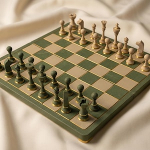 Peut inclure: Un jeu d'échecs complet avec un échiquier vert et beige. Les pièces sont de deux couleurs : beige clair et vert foncé. Le plateau a une bordure dorée et est posé sur une surface blanche.