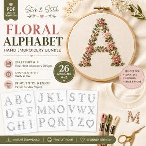 May include: A digital download bundle for a floral alphabet hand embroidery project. It includes 26 letter designs, a wooden embroidery hoop featuring a stitched letter A with pink flowers and green leaves, and a cream-colored sweatshirt with a letter M.