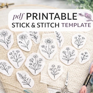 Puede incluir: Parches de tela blanca con diseños florales negros sobre una superficie beige. La imagen incluye hilo de bordar en colores pastel, tijeras y un bastidor de bordado de madera. Se muestra el texto "pdf PRINTABLE STICK & STITCH TEMPLATE".