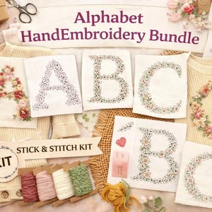 Puede incluir: Paquete de bordado a mano del alfabeto con diseños de letras florales. La imagen muestra las letras bordadas A, B y C, junto con un suéter con un diseño floral de C. También se ve un kit de pegar y coser con hilo de bordar y agujas.