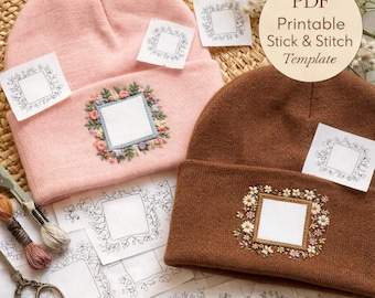 Stick and Stitch Blumen-Stickerei Muster PDF, Beanie Logo Border Designs, Botanische Line Art Stickvorlagen, 28 Muster.