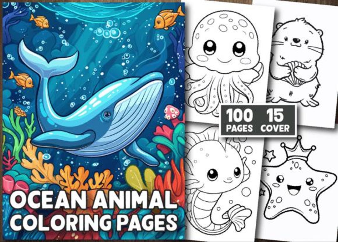 100 Pages Cute Ocean Animals Coloring Book for Kid - Etsy