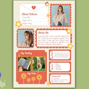 Può includere: Un modello Canva personalizzato con sfondo verde chiaro. Il modello presenta una foto, sezioni per dati personali, hobby e informazioni di contatto. Il design include elementi floreali decorativi.