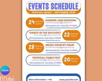 Bewerkbare flyer voor aankomend evenement, afdrukbare tijdlijn evenement, sjabloon voor evenementprogramma, pas Canva-sjabloon voor evenementenschema aan