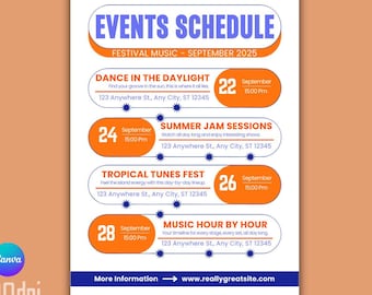 Sjabloon folder voor blauw en oranje evenementenschema, bewerkbare flyers voor evenementenplanning, Canva-ontwerpsjabloon voor evenementen, afdrukbare flyer voor evenementenschema