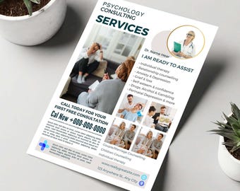May include: A flyer for psychology consulting services. The flyer includes the text "Psychology Consulting Services" and "I am ready to assist". It also lists services such as individual therapy, relationship counseling, and anxiety & depression. The flyer includes a phone number for a free consultation.