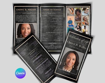 Black Trifold Funeral Program Template, Editable Blue Memorial Service Obituary, Celebration of Life Funeral Brochure