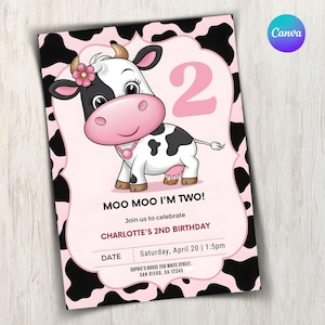 Moo Moo I&#39;m Two Cow Girl Birthday Invitation | Editable Holy Cow Second Birthday Invite | Pink Farm Animal Party Canva Template