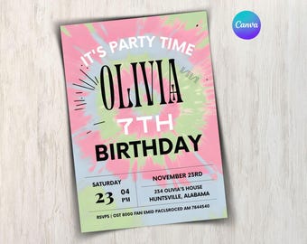 Invitación de cumpleaños para niño con salpicaduras de color rosa y azul, editable, plantilla de Canva
