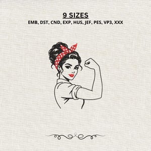 Puede incluir: Un diseño de bordado con una ilustración de líneas negras de una persona flexionando el brazo, con un pañuelo rojo de lunares y labios rojos. Se muestra el texto 9 SIZES y los formatos de archivo EMB, DST, CND, EXP, HUS, JEF, PES, VP3, XXX.