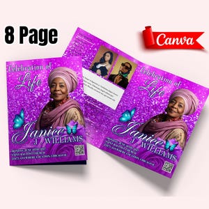 Pode incluir: Um programa memorial roxo de 8 páginas com o texto "Celebration of Life" e "Janice J. Williams". O programa apresenta uma foto de uma mulher, borboletas e o logotipo Canva.