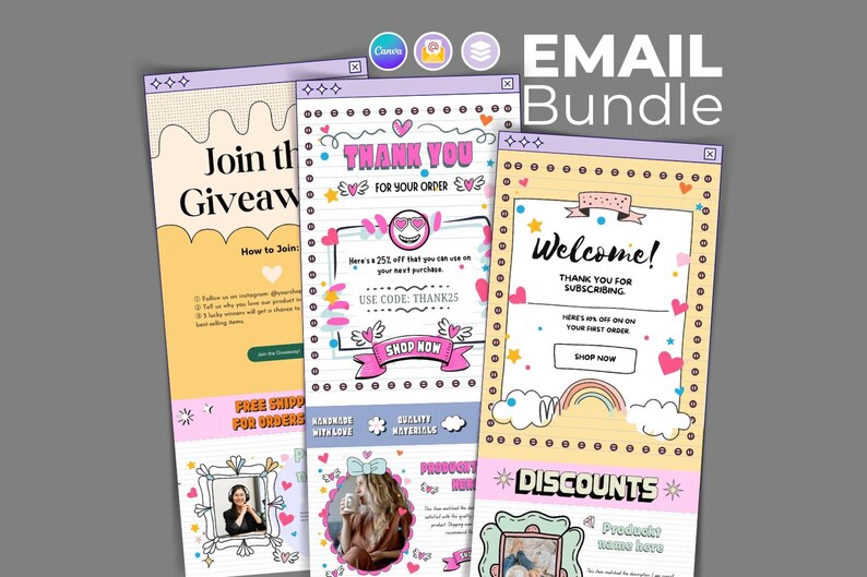 email templates - bundle pack - 50+ on yellow images... Aesthetic Email Template Bundle, Canva Editable Welcome, Thank You ...
