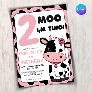 Moo I&#39;m Two Birthday Invitation | Pink Cow Print 2nd Birthday Invite Girl | Editable Farm Animal Canva Template