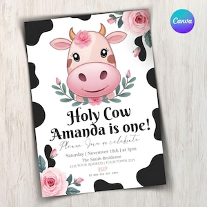 Moo Moo I&#39;m Two Pink Cow Invitation, Editable 2nd Ranch Birthday Canva Template, Holy Cow Party Evite