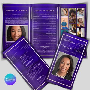 Puede incluir: Un programa fúnebre morado con el texto "Cheryl B. Waller" y "Celebración de la vida". El programa incluye una foto de una mujer, junto con las fechas 15/08/1980 - 12/08/2022. El logotipo de Canva es visible.