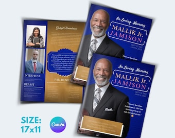 8-Page Blue and Gold Funeral Program Template, Editable Modern Memorial Service, Obituary Program Template Canva, Bi-Fold Order of Service