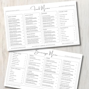 Può includere: Due menu di ristoranti bianchi con testo nero. Il menu in alto è etichettato "Food Menu" ed elenca piatti principali, antipasti, hamburger, pizze, dessert e insalate. Il menu in basso è etichettato "Beverage Menu" ed elenca succhi di frutta freschi, bibite, birra, sidro, vino, cocktail.