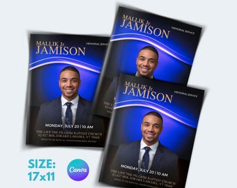 May include: A stack of memorial service flyers featuring a portrait of a smiling man in a suit. The flyers have a dark background with blue accents and the text "Mallik Jr. Jamison" in gold. The size is 17x11 inches.