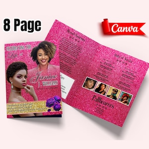 May include: A pink glittery 8-page memorial service program. The cover features a photo of a woman, the text "Celebrating the Life of Janice J. Williams", and purple floral accents. The Canva logo is in the top right corner.