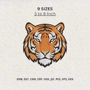 Puede incluir: Un diseño de bordado de una cabeza de tigre con hilos de colores naranja, negro y blanco. El texto 9 SIZES 3 to 8 Inch aparece arriba, y los formatos de archivo EMB, DST, CND, EXP, HUS, JEF, PES, VP3, XXX se enumeran debajo del tigre.