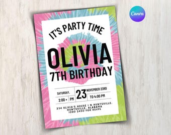 Plantilla de invitación de séptimo cumpleaños con colores neón, plantilla editable con efecto salpicado, invitación digital de cumpleaños para niño