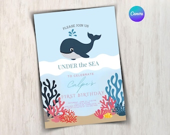 Whale First Birthday Invitation | Under the Sea 1st Birthday Invite | Editable Canva Template | Ocean Them | Printable Digital Download