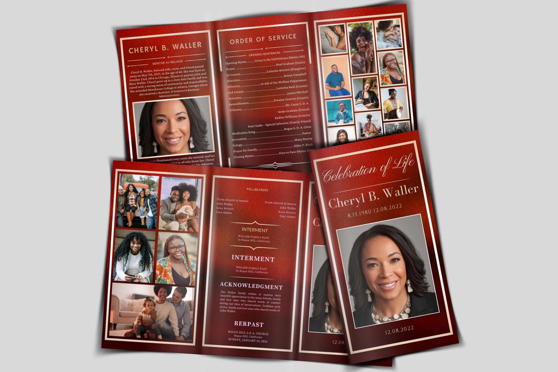 Trifold Red Funeral Program Template, Celebration of Life Trifold ...