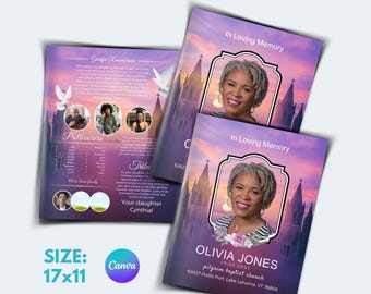 Sunset Cathedral Funeral Program Template, Purple Memorial Service Bi-Fold, Editable Canva Celebration of Life Order of Service