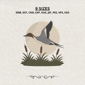 May include: An embroidery design featuring a flying duck in shades of gray and brown, set against a circular background with cattails in the foreground. The text reads 9 SIZES and EMB, DST, CND, EXP, HUS, JEF, PES, VP3, XXX.