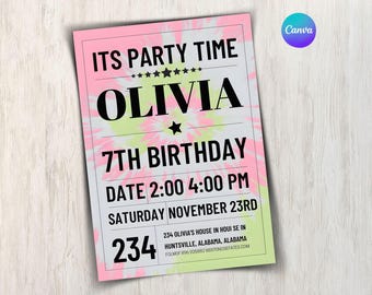 Neon Splash Boy 7th Birthday Invitation, Editable Boy Birthday Party Template Invitation, 7th Birthday Party Canva Template